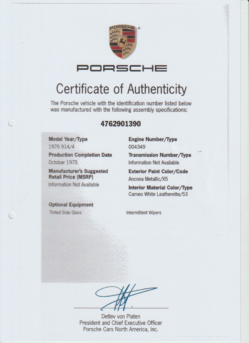 Porsche 914/4 2.0 1976 - Certificate of Authenticity